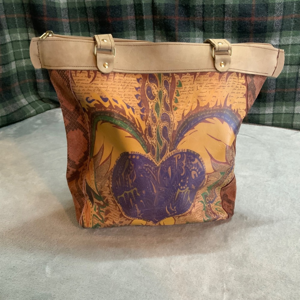 Down Home Leather Hand Painted Heart Snakeskin Trim Tote Bag Tan Purple